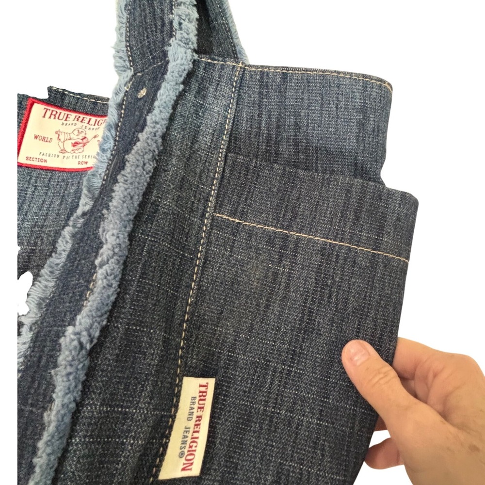True Religion Denim Tote Bag Frayed Trim Blue Dark Wash Y2K Buddha World Tour - Picture 5 of 15